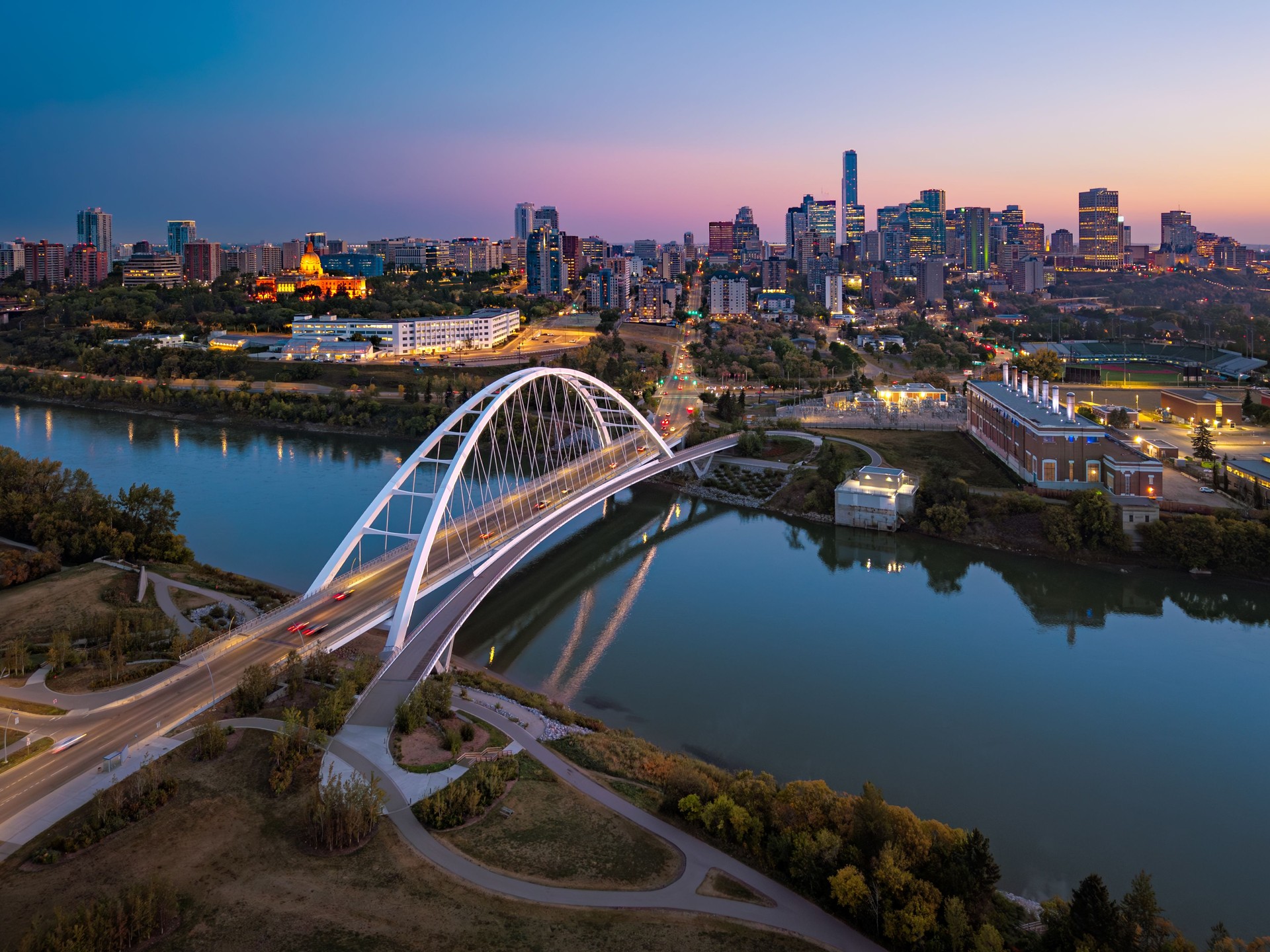 Walterdale Bridge and downtown Edmonton skyline at dusk, Alberta